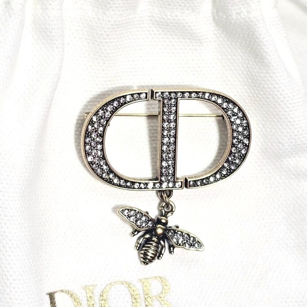 Dior Bee Antique Gold Brooch / Pin with Crystal in a Jewelry Bag Vintage & Rare - Picture 12 of 12